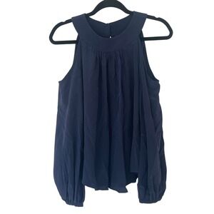 Trina Turk Navy Cold Shoulder 100% Silk Gathered Neck Blouse Top Women's Size XS
